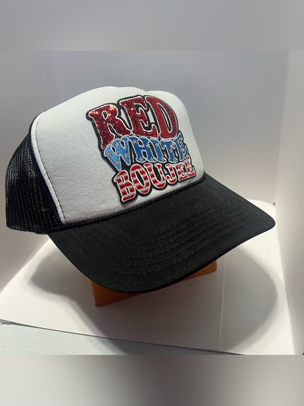 OTTO Kids Black and White Trucker Hat with Red, Blue Embroidered Patch